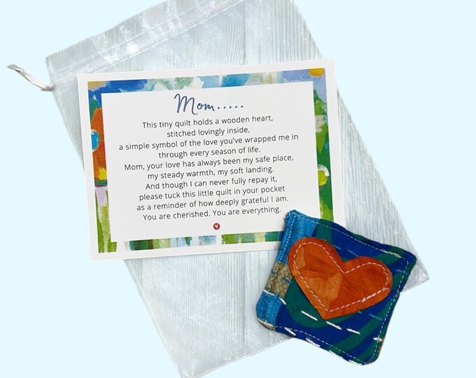 Love You Mom Little Pocket Heart Quilt Square - Mother's Day Gift, Heartfelt Keepsake, Gift for Mom, Upcycled Fabric Token