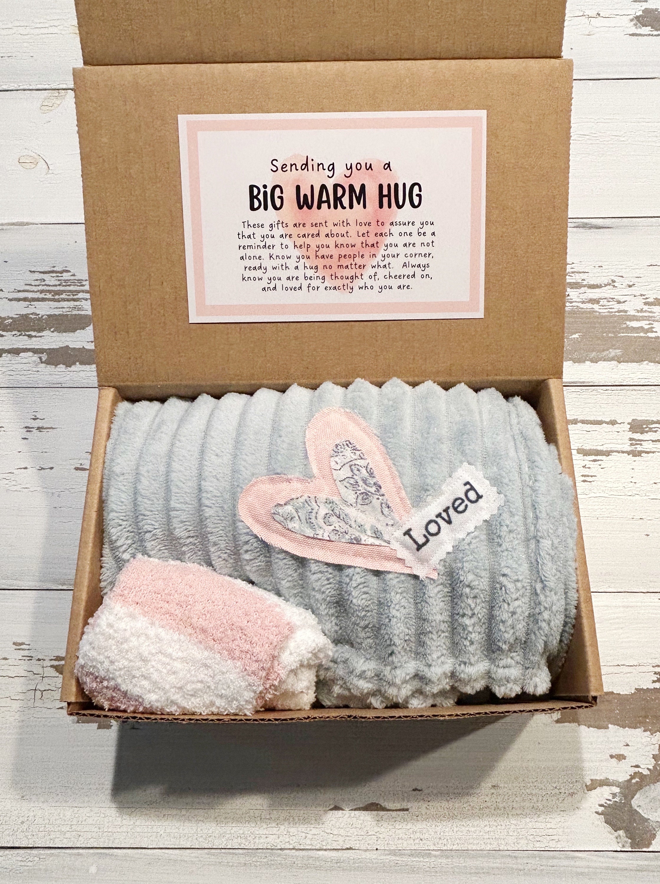 Sending You a HUG Box, Blanket and Fuzzy Socks gift set, Comforting