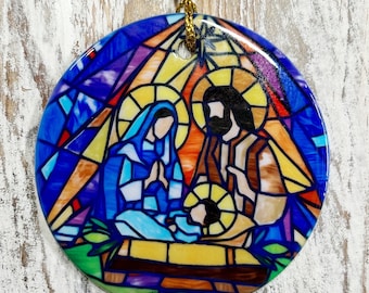 Nativity Stained Glass Inspired Ornament, Mary, Joseph, Tree trimming, Holiday gift, Religious ornament, Meaningful Christmas gift