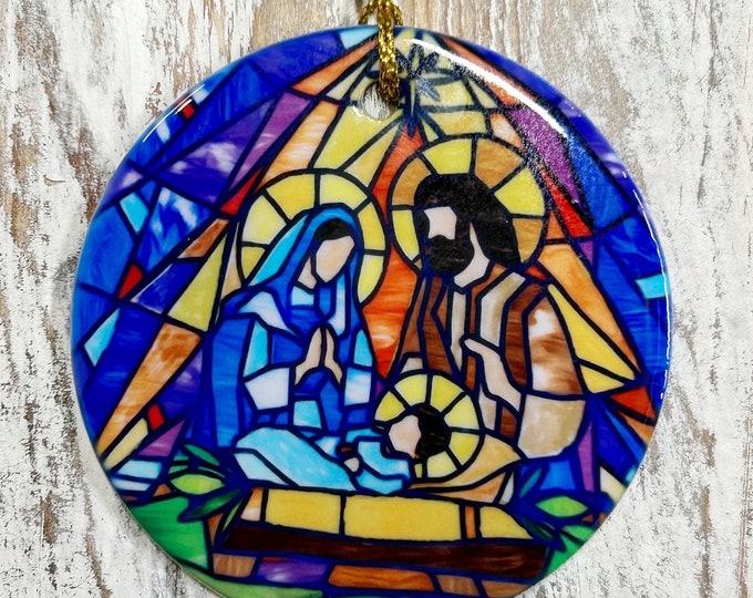 Nativity Stained Glass Inspired Ornament, Mary, Joseph, Tree trimming, Holiday gift, Religious ornament, Meaningful Christmas gift