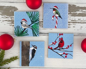 Christmas Bird Coasters, Set of 4 Coasters, Cardinal, Chickadee, Woodpecker, Hummingbird,