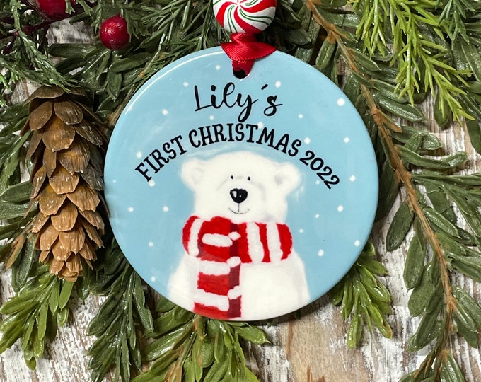 Personalized Baby’s First Christmas Ornament, Polar Bear Painting, Christmas gift, Holiday gift, Joyful ornament