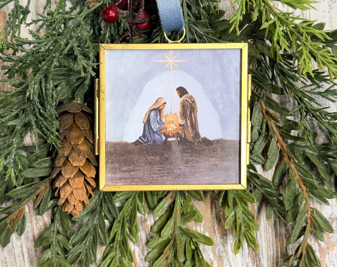Nativity Christmas Ornament | Emmanuel God Is With Us | Christian Christmas Decor | Jesus Ornament | Gold Frame Keepsake