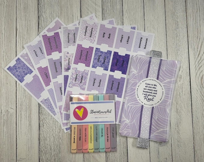 Purple Bible Journaling Accessories - Bible Tabs, Highlighters, Pouch with Strap, Bible Study Kit, Faith Planner & Scripture Craft Supplies