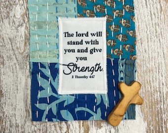 Prayer Quilt Square- 2 Timothy 4:17- Christian Encouragement, Faith Gift, Anxiety Relief, Scripture Keepsake, Spiritual Gift, Upcycled Quilt