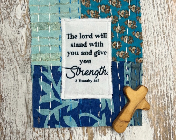 Prayer Quilt Square- 2 Timothy 4:17- Christian Encouragement, Faith Gift, Anxiety Relief, Scripture Keepsake, Spiritual Gift, Upcycled Quilt