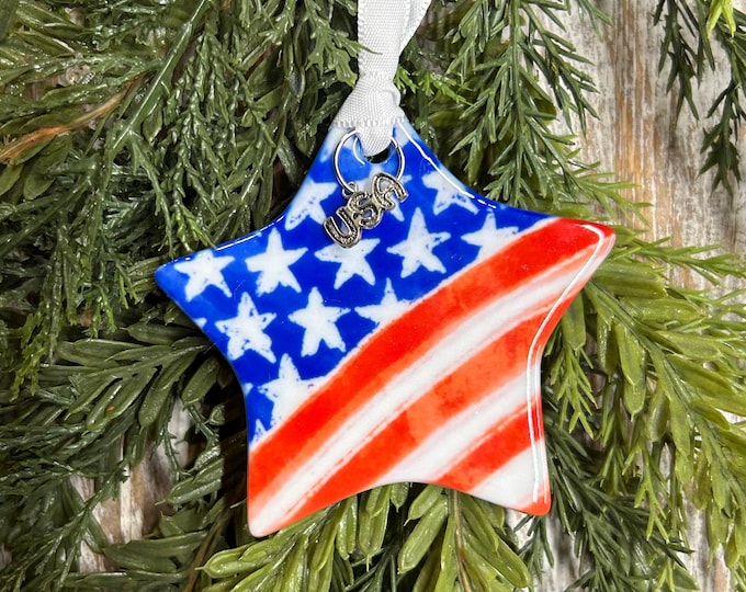 American Flag Star Ornament – USA Patriotic Christmas Decor – Red White Blue Star Ornament – Veterans Day Gift – Handmade Ceramic Ornament