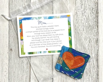 Love You Mom Little Pocket Heart Quilt Square - Mother's Day Gift, Heartfelt Keepsake, Gift for Mom, Upcycled Fabric Token