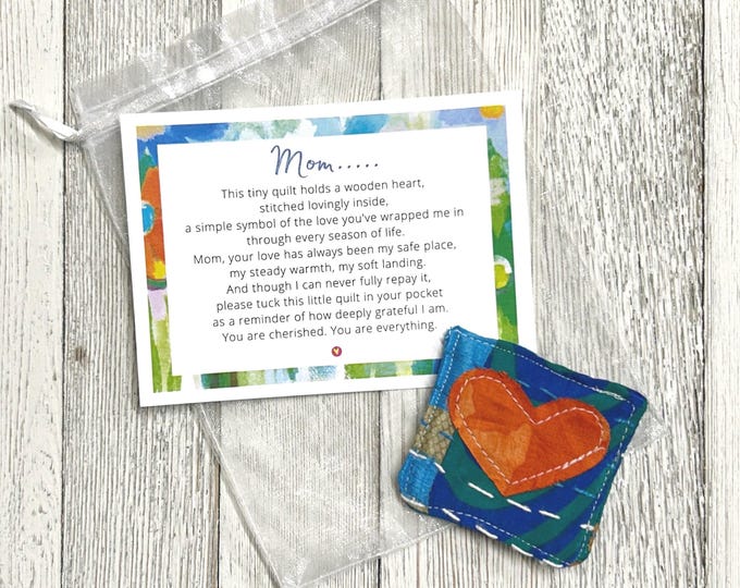 Love You Mom Little Pocket Heart Quilt Square - Mother's Day Gift, Heartfelt Keepsake, Gift for Mom, Upcycled Fabric Token