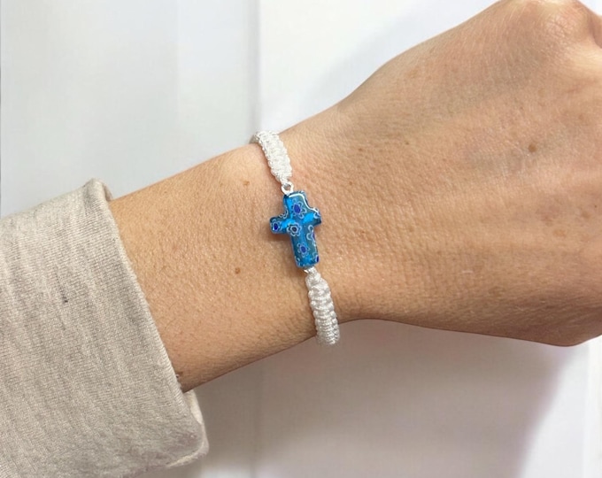 Glass Cross White Bracelet – Woven Adjustable Faith Jewelry, Christian Gift for Women and Teens, Religious Accessory