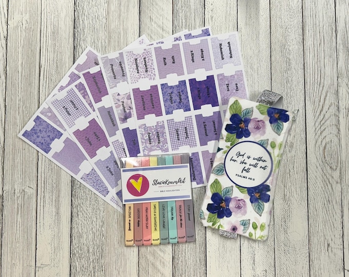 Purple Bible Journaling Accessories - Bible Tabs, Highlighters, Pouch with Strap, Bible Study Kit, Faith Planner & Scripture Craft Supplies