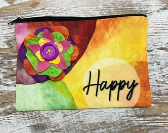 Happy Bag Zipper Pouch, Makeup Bag, Pencil Pouch, Uplifting Gift for Her, Birthday Gift