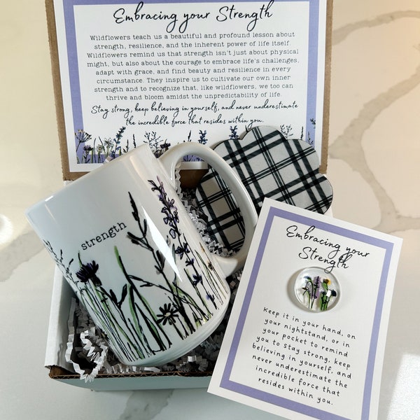 You are Strong Gift Box, Wildflower mug, coaster, and pocket gem gift set, Strong woman, Gift for her, Strength & encouragement gift