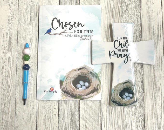 Chosen for This: A Faith-Filled Pregnancy Journal Gift Set, Beaded Pen, Ceramic Cross for Baby, Shower Gift, Pregnant Mom Gift