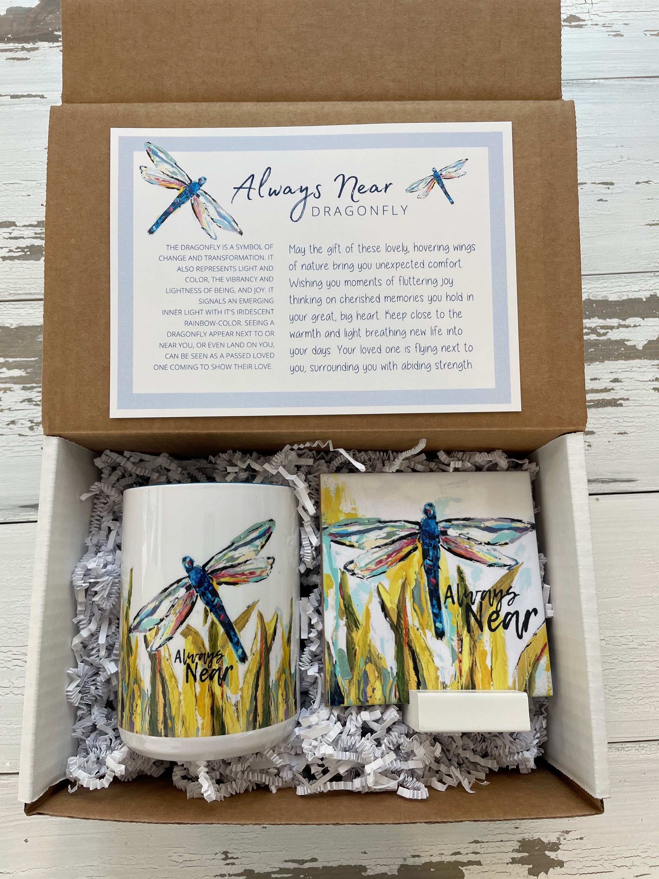 Sympathy Dragonfly gift set, mug and tile gift set, gift box