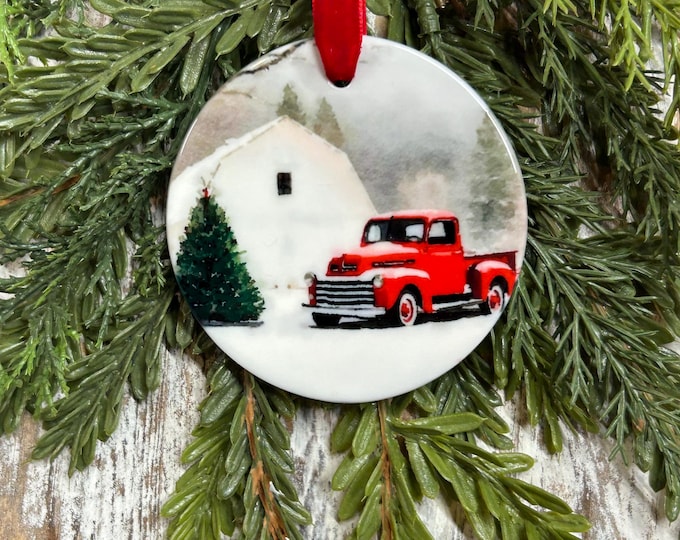 Red truck Christmas Ornament, Nostalgic Christmas, Tree trimming, Holiday gift, Religious ornament, Meaningful Christmas gift