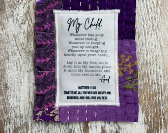 Prayer Quilt Square - Matthew 11:28, Christian Encouragement, Faith Gift, Anxiety Relief, Scripture Keepsake, Spiritual Gift, Upcycled Quilt