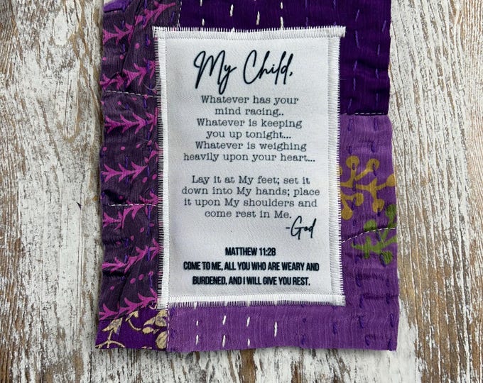 Prayer Quilt Square - Matthew 11:28, Christian Encouragement, Faith Gift, Anxiety Relief, Scripture Keepsake, Spiritual Gift, Upcycled Quilt