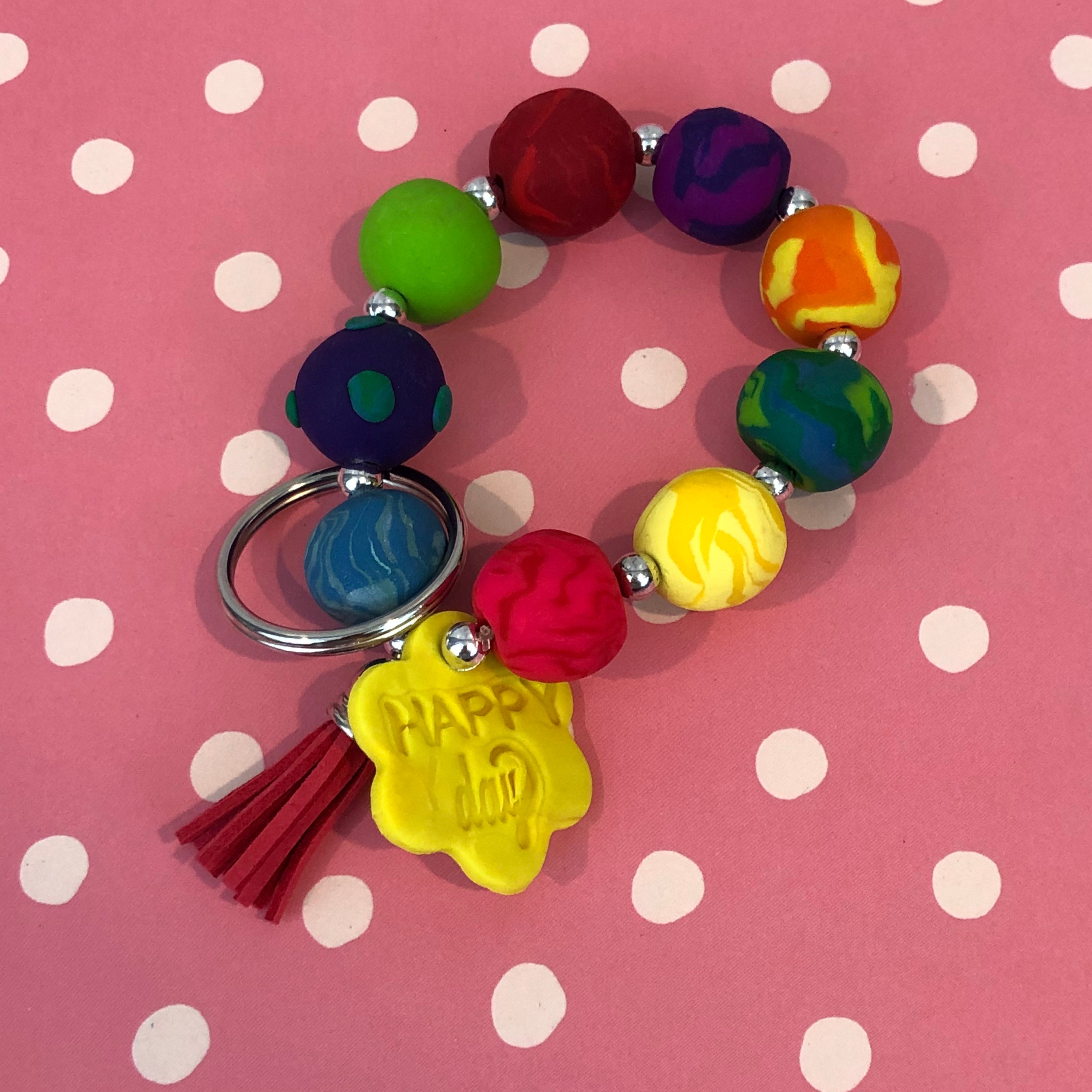 Keychain BraceletKey wristlet, clay beaded keychain, unique gift under 15,tassel keychain