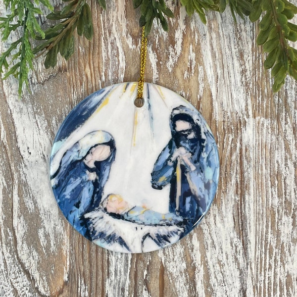 Nativity Christmas Ornament in Blue-Jesus, Mary, Joseph, Tree trimming, Holiday gift, Religious ornament, Meaningful Christmas gift