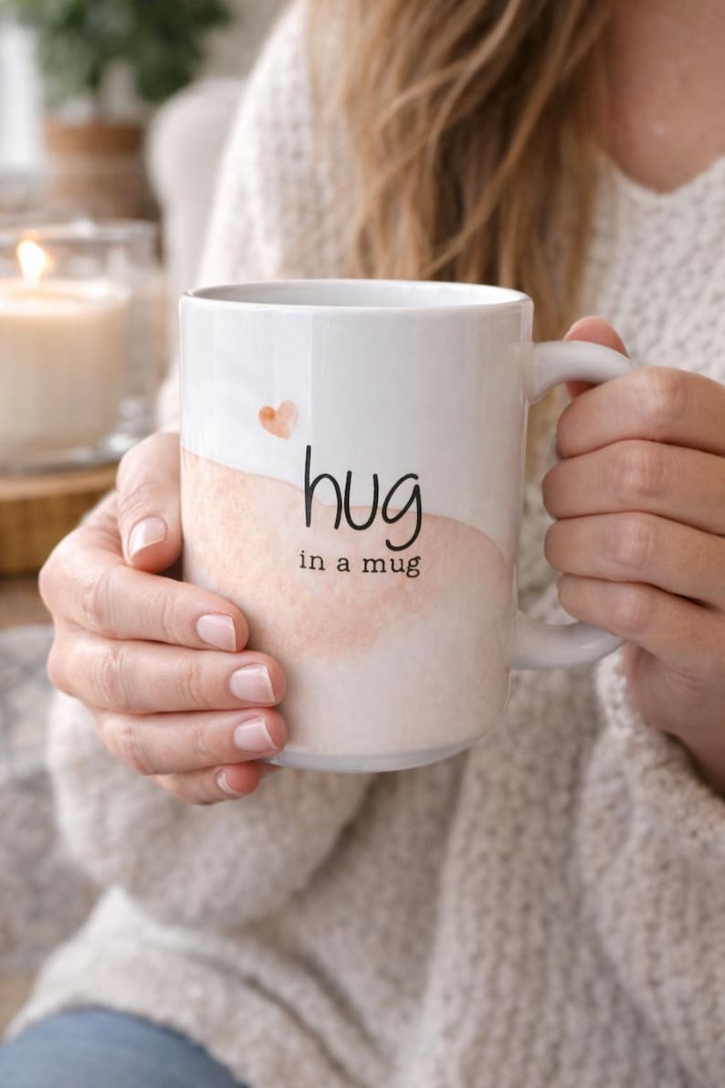 May include: White ceramic mug with a watercolor design in shades of peach and a small heart. The mug has the words "hug in a mug" printed in black. The mug is held by a person.