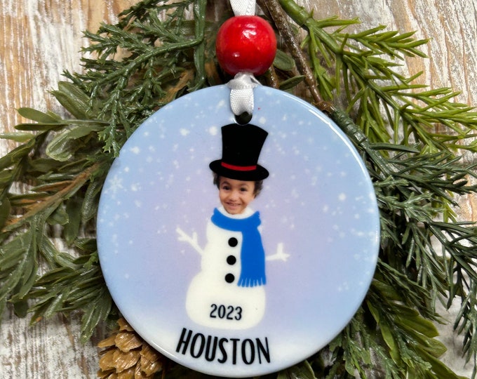 Custom Personalized Snowman Photo Christmas Ornament, Tree trimming, Holiday gift,  Meaningful Christmas gift