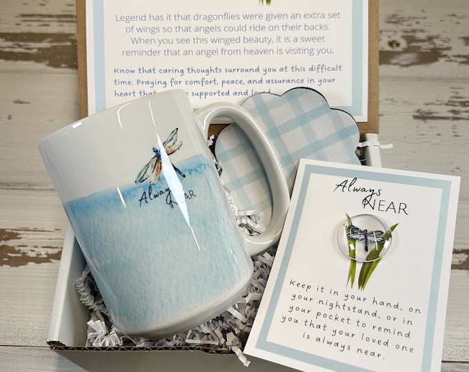 Sympathy Dragonfly Always Near Mug gift set, Angelversary gift, Remembrance Gift, Condolence gift, loss of loved one gift