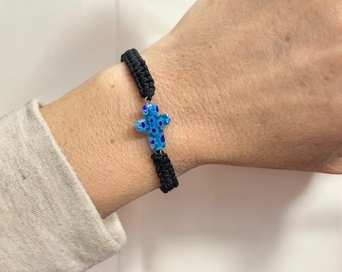 Glass Cross Black Bracelet – Woven Adjustable Faith Jewelry, Christian Gift for Women and Teens, Religious Accessory