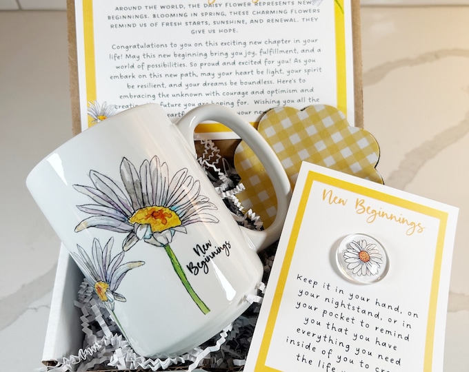 New Beginnings Daisy Mug Gift Set - New Job, Graduation, Farewell, Good Luck, Divorce, Inspirational Gift for Her, New House
