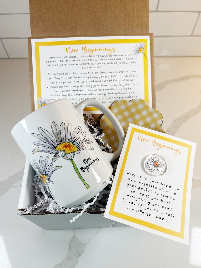 New Beginnings Box, Daisy mug, coaster, pocket token set, New job gift, Coworker Leaving Gift, Goodbye gift, Good luck, New start image 1