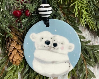 Polar Bear Couple Ornament, Polar Bear Painting, Christmas gift, Holiday gift, Joyful ornament