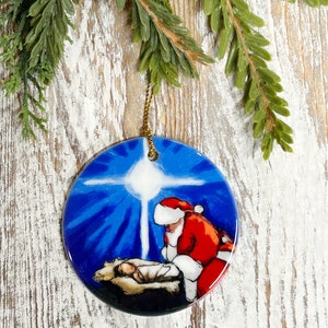 Santa Kneeling at the Manger Ornament, Baby Jesus, Santa ornament, Christmas gift, Religious Ornament, Christmas ornament, Holiday ornament