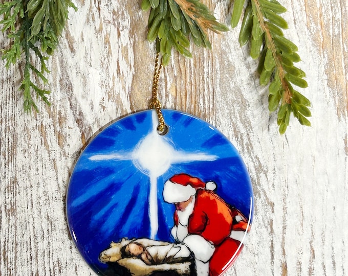 Santa Kneeling at the Manger Ornament, Baby Jesus, Santa ornament, Christmas gift, Religious Ornament, Christmas ornament, Holiday ornament