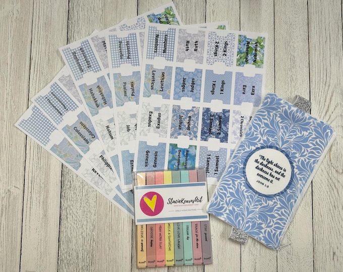 Blue Bible Journaling Accessories - Bible Tabs, Highlighters, Pouch with Strap, Bible Study Kit, Faith Planner and Scripture Craft Supplies