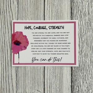 May include: A pink and white inspirational quote card with a pink poppy flower graphic. The text reads "Hope, Courage, Strength. You are strong, you are loved, and you are not defined by this diagnosis. Embrace each step forward, celebrate the small victories, and remember that you possess an incredible resilience within you. Though the road ahead may be challenging, you are not alone in this fight. Every day is a step forward on your journey to healing. May your strength, hope, and positivity continue to guide you toward brighter days. You can do this!"