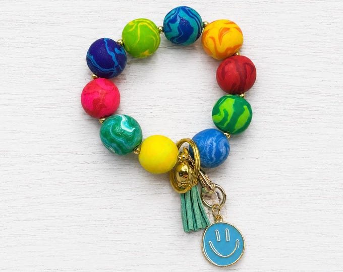Colorful Wristlet Keychain | Handmade Polymer Clay Beads | Smiley Face Charm | Unique Teacher, Friend & Birthday Gift