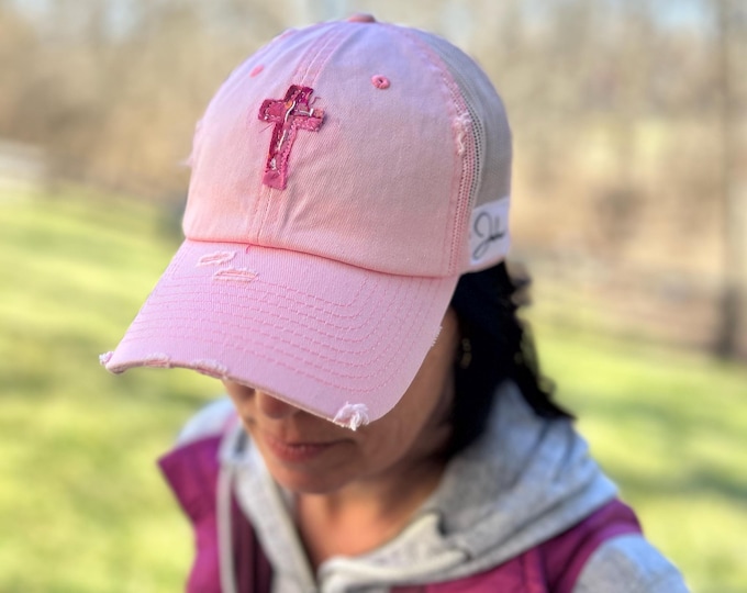 Christian Pink Adjustable Trucker Hat – Faith Baseball Cap, Religious Hat, Spiritual Gift for Men & Women, Hat with Cross, Christian Apparel