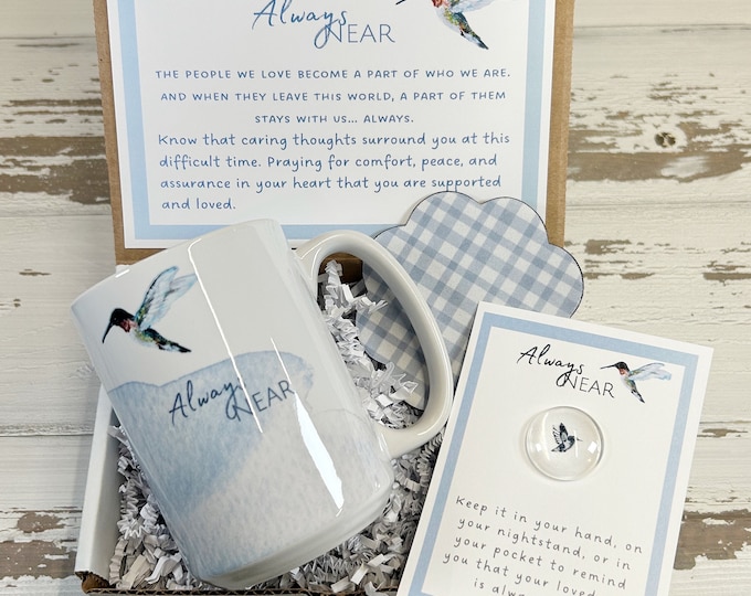 Sympathy Gift Hummingbird Always Near Mug gift set, Angelversary gift, Remembrance Gift, Condolence gift, loss of loved one gift