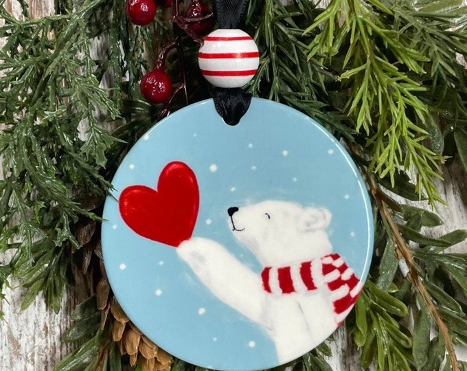 Sending Love Polar Bear Ornament, Polar Bear Painting, Christmas gift, Holiday gift, Joyful ornament