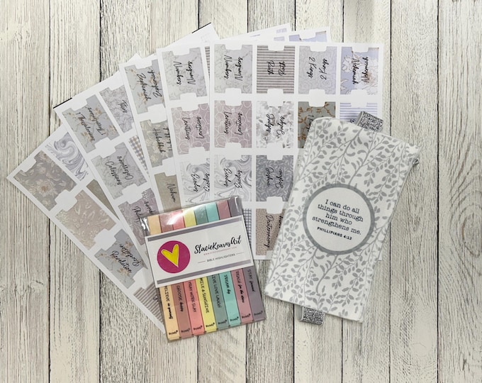 Gray Bible Journaling Accessories - Bible Tabs, Highlighters, Pouch with Strap, Bible Study Kit, Faith Planner and Scripture Craft Supplies
