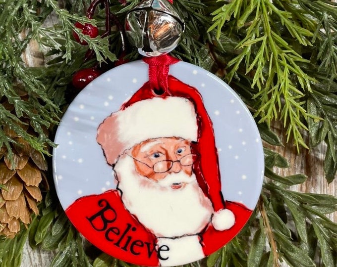 Believe Santa with Sleigh Bell Ornament, Vintage Santa ornament, Christmas gift, Holiday gift, Christmas ornament, Holiday ornament