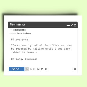 Carte d'adieu drôle - carte d'adieu sarcastique par e-mail d'absence du bureau pour collègues, collègues