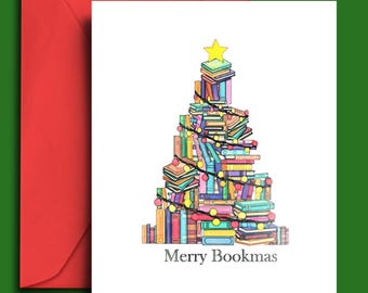 メリーブックマスクリスマスカード：本の虫のためのブックツリー