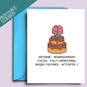 Biglietto di auguri per compleanno neurodivergente / ADHD Autismo Tecnologia Umorismo / Design aggiornamento software / Biglietto di auguri per celebrazione diagnosi