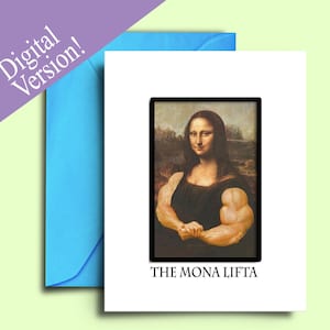 Biglietto d'auguri stampabile con il meme della Gioconda, per sollevatrice di pesi, frequentatrice di palestra, istruttrice di fitness, amante dell'allenamento - Biglietto vuoto A5