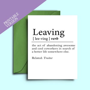 Printable Sarcastic Farewell Card, Goodbye Card For Coworkers Leaving For New Job - Funny Moving Out, Good Luck Card - Definition Of Leaving