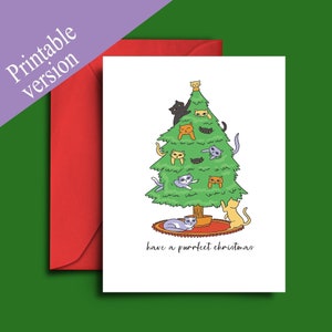 Carte d’arbre de Noël pour chat imprimable - Ayez une carte vierge A5 de Noël Purrfect pour maman chat, papa chat, amoureux des chats