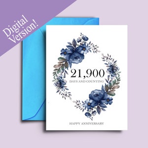 Tarjeta imprimible del 60 aniversario de boda - 21,900 días y contando - Tarjeta de aniversario de diamante perfecta para padres, mamá y papá desde niños