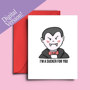 Druckbare A5 Jubiläumskarte für Mann, Frau, Freund, Freundin - Cheesy Vampire Wortspiel Liebeskarte für Partner - Print at Home PDF Dateien