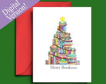 May include: A white card with a colorful illustration of a Christmas tree made of stacked books with a yellow star on top. The tree is decorated with a string of lights. The text "Merry Bookmas" is printed below the tree.